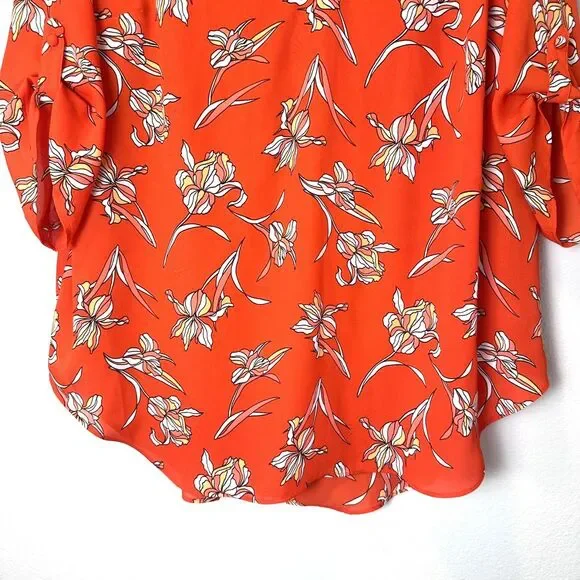Worthington Women's Size 1X Blouse Floral Orange 3/4 Sleeve Roll- Tab Chiffon - Picture 8 of 11